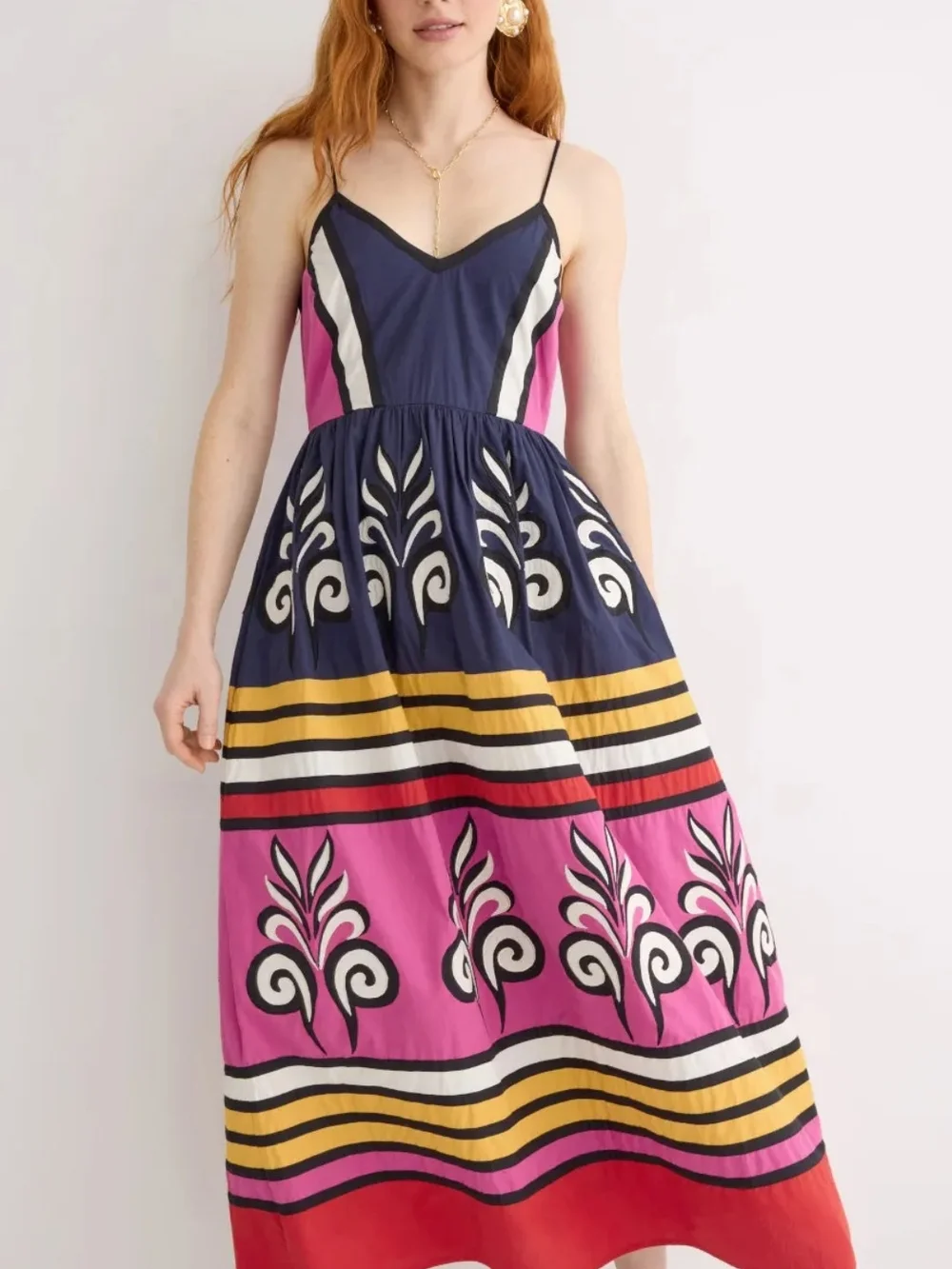 Navy & Pink Printed Spaghetti-Strap Maxi Dress - Picture 1 of 9